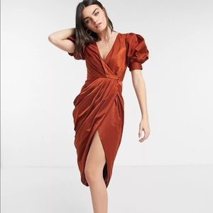 ASOS drape wrap midi dress with puff sleeve detai